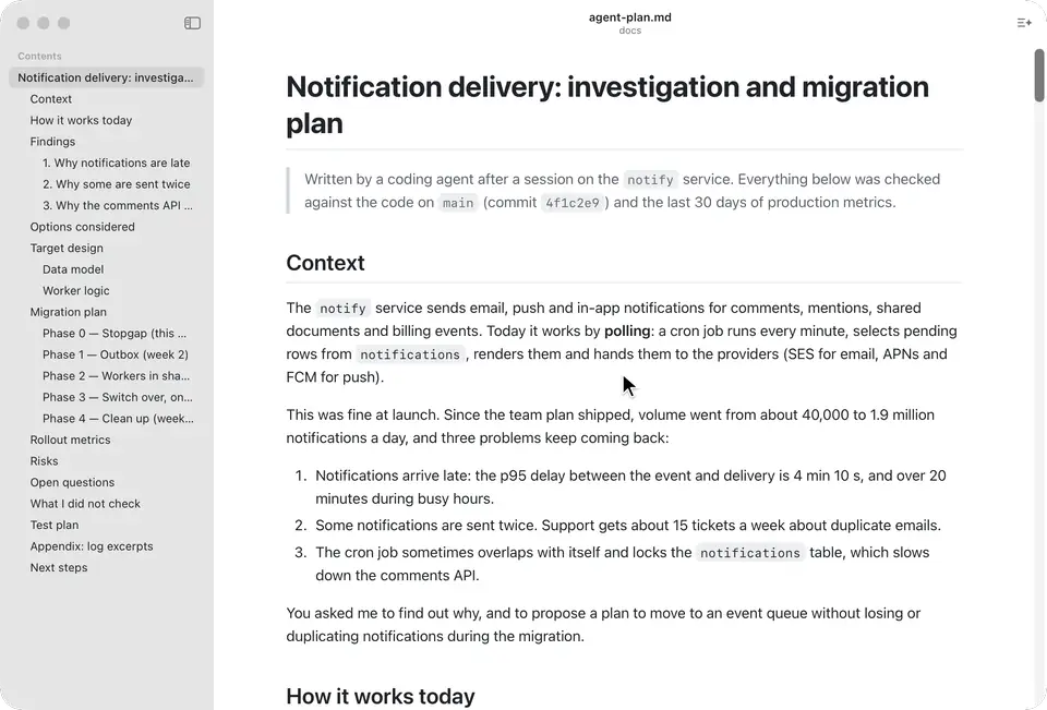 MDViewer scrolls through a long agent-written plan, then a TL;DR card streams in with bullet points that link to the sections they come from